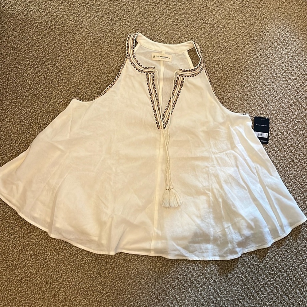 Lucky Brand Embroidered Peasant Tank, small, ecru/off white NWT